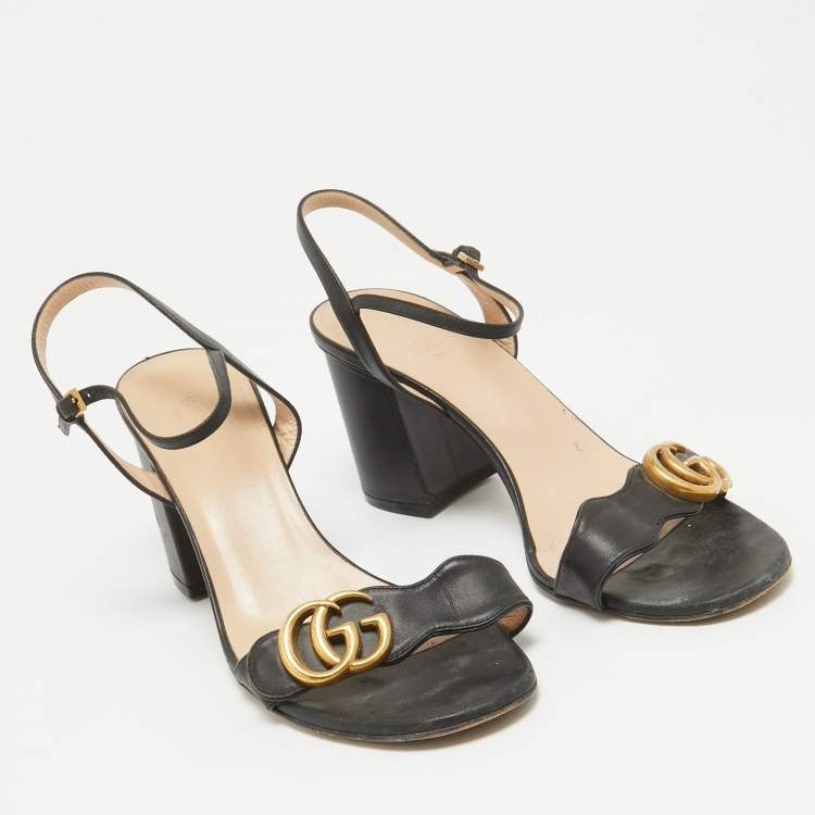Pre Owned Gucci Black Leather GG Marmont Ankle Strap Sandals Size 39.5