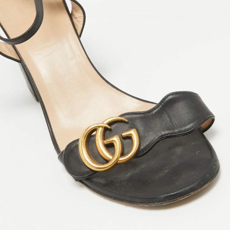 Pre Owned Gucci Black Leather GG Marmont Ankle Strap Sandals Size 39.5