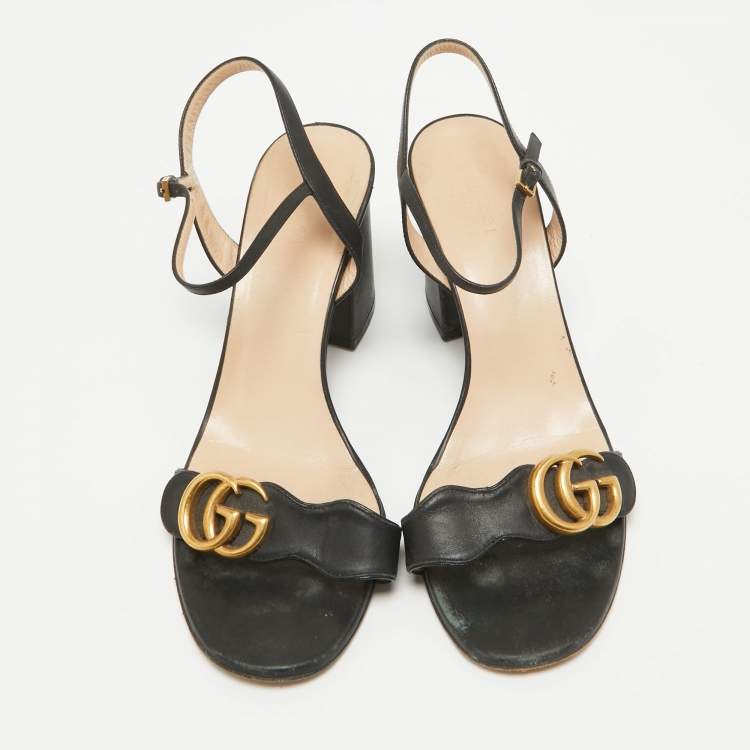 Pre Owned Gucci Black Leather GG Marmont Ankle Strap Sandals Size 39.5
