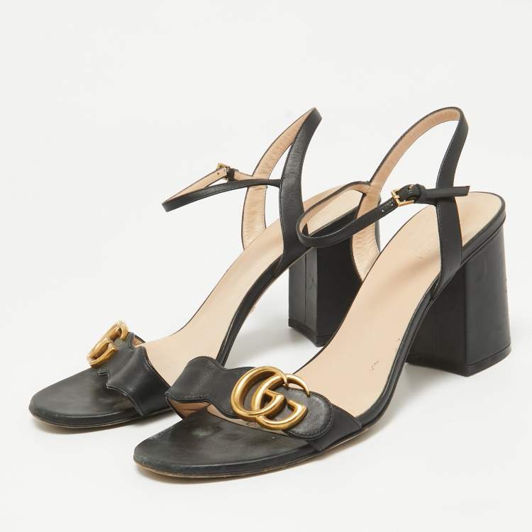Pre Owned Gucci Black Leather GG Marmont Ankle Strap Sandals Size 39.5