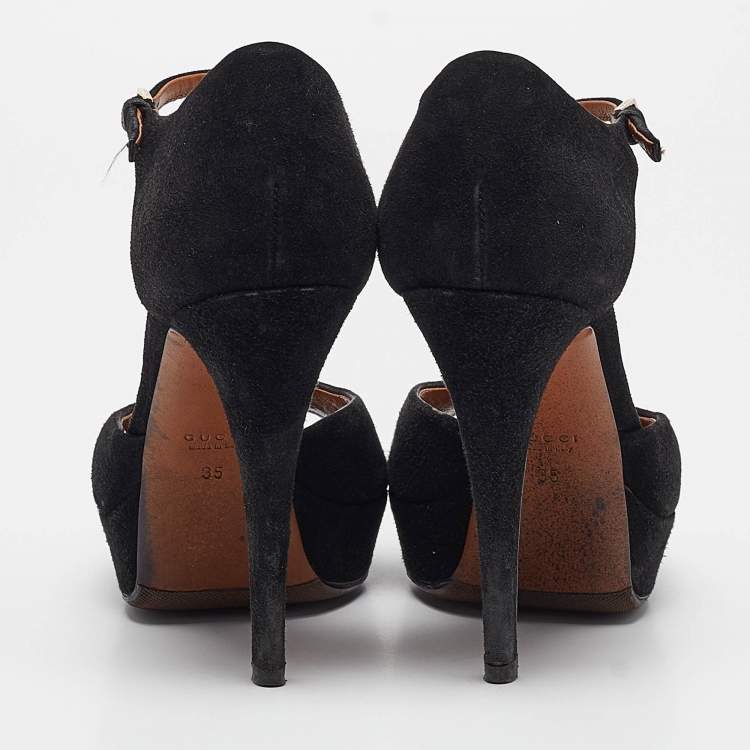 Pre Owned Gucci Black Suede Ankle Strap Sandals Size 35