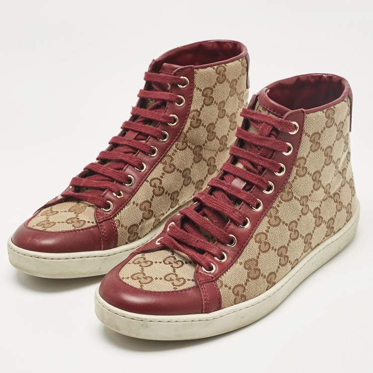 Gucci Brown Beige GG Canvas and Leather High Top Sneakers Size 38 Gucci TLC