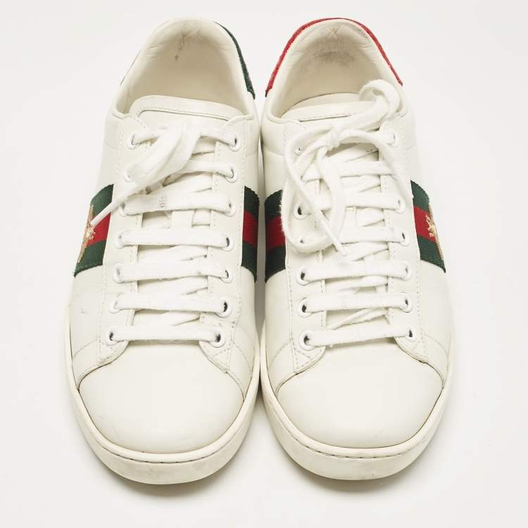Pre Owned Gucci White Leather Embroidered Bee Ace Sneakers Size 36.5