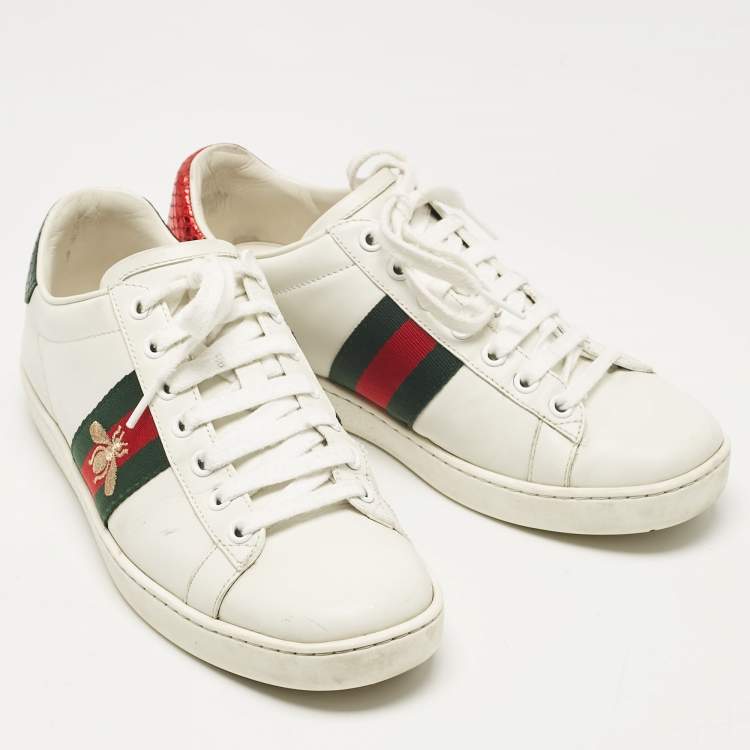 Pre Owned Gucci White Leather Embroidered Bee Ace Sneakers Size 36.5