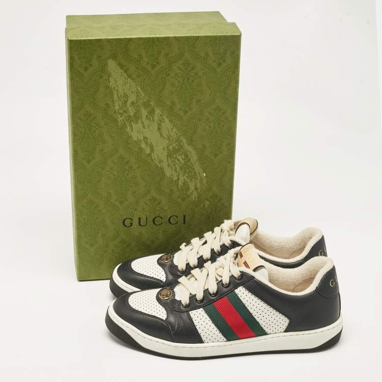 Pre Owned Gucci Black/White Perforated Leather Screener Sneakers Size 38.5