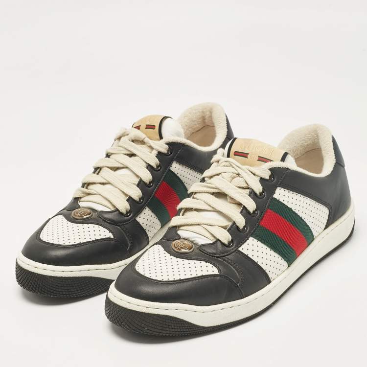 Pre Owned Gucci Black/White Perforated Leather Screener Sneakers Size 38.5