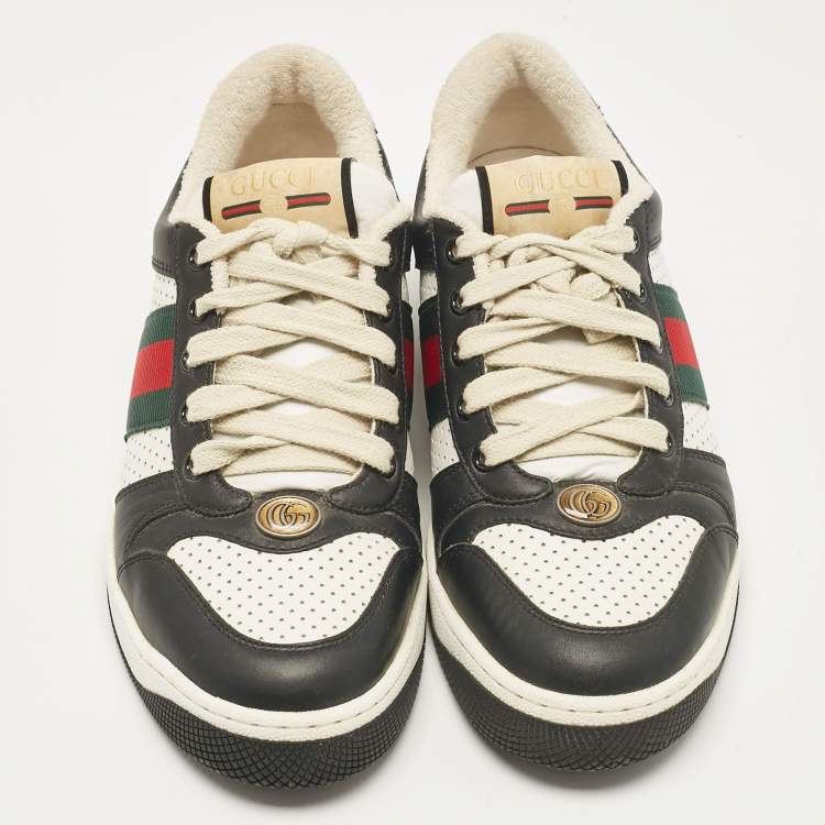 Pre Owned Gucci Black/White Perforated Leather Screener Sneakers Size 38.5