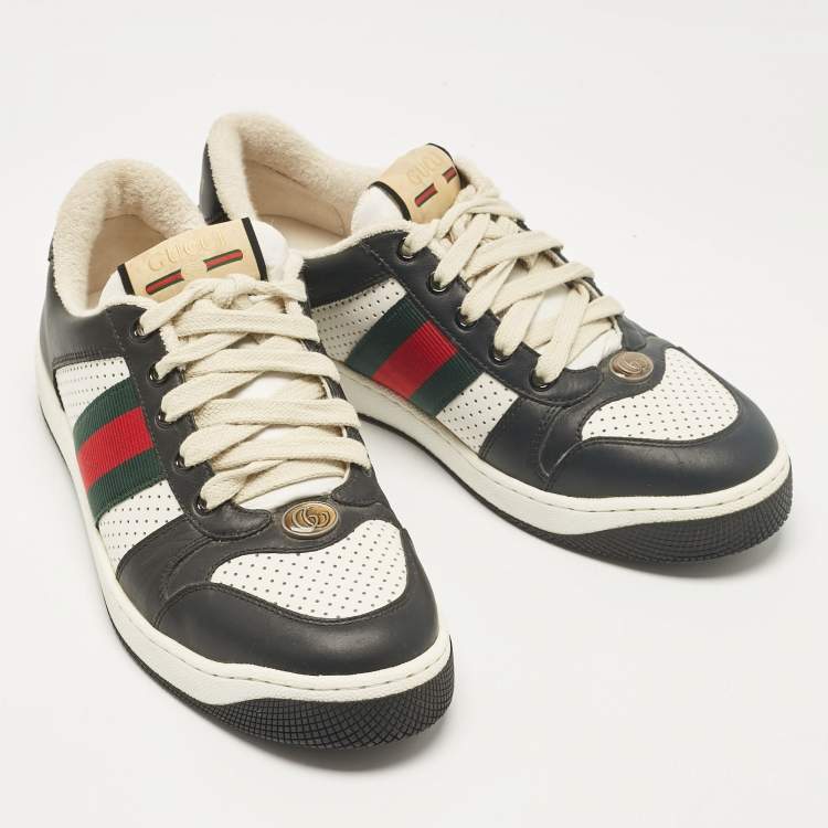 Pre Owned Gucci Black/White Perforated Leather Screener Sneakers Size 38.5