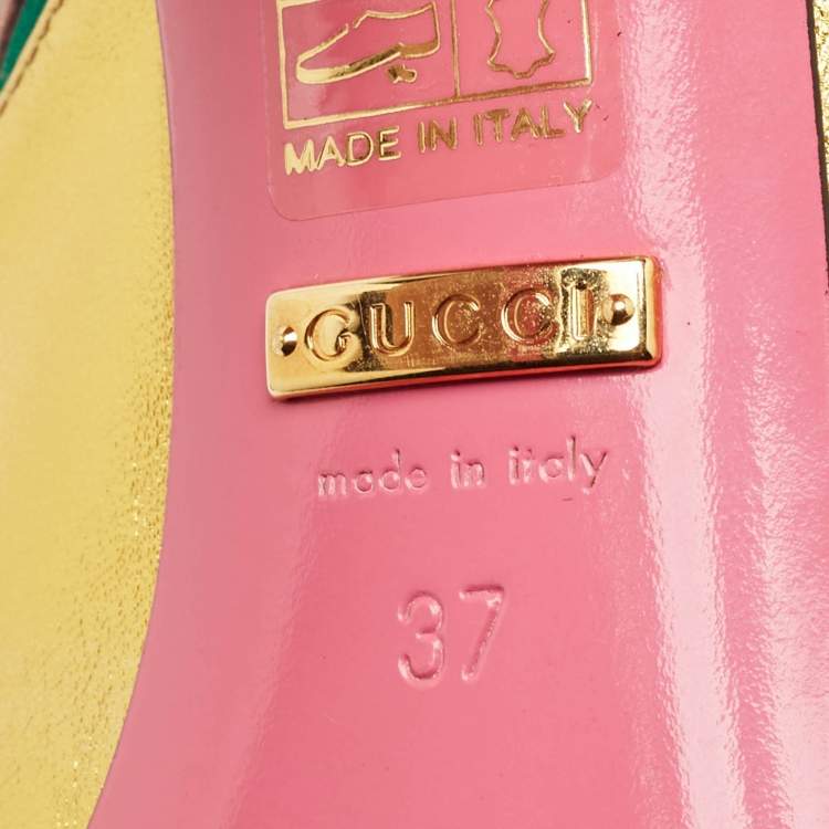 Pre Owned Gucci Gold/Green Suede and Leather Crystal Embellished Pumps Size 37