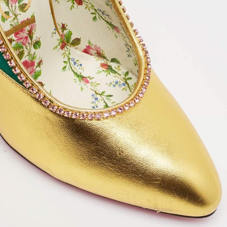 Pre Owned Gucci Gold/Green Suede and Leather Crystal Embellished Pumps Size 37