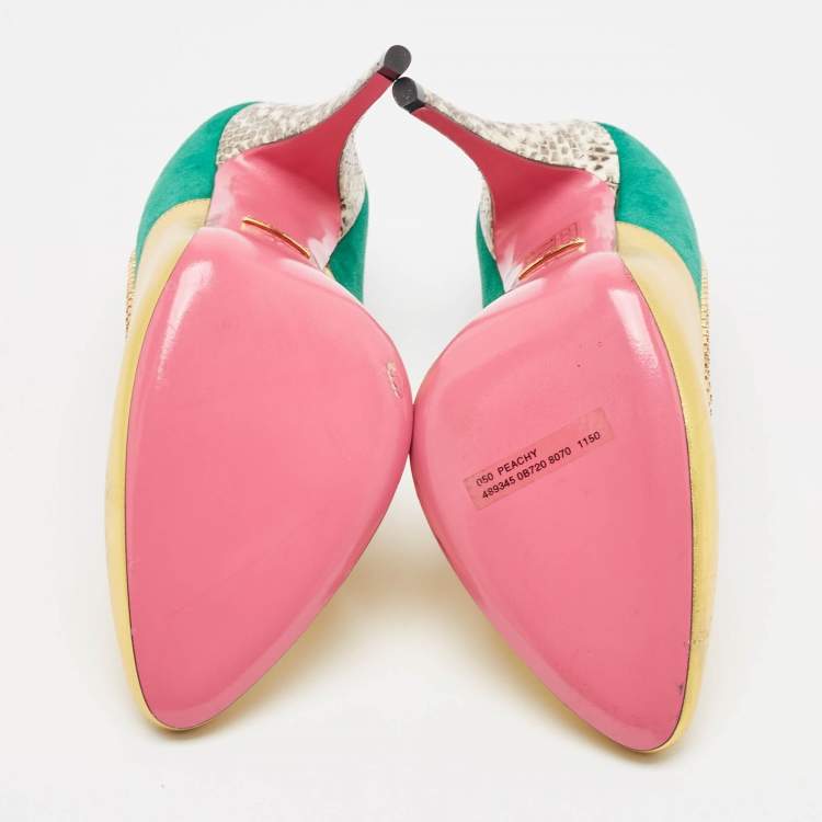 Pre Owned Gucci Gold/Green Suede and Leather Crystal Embellished Pumps Size 37