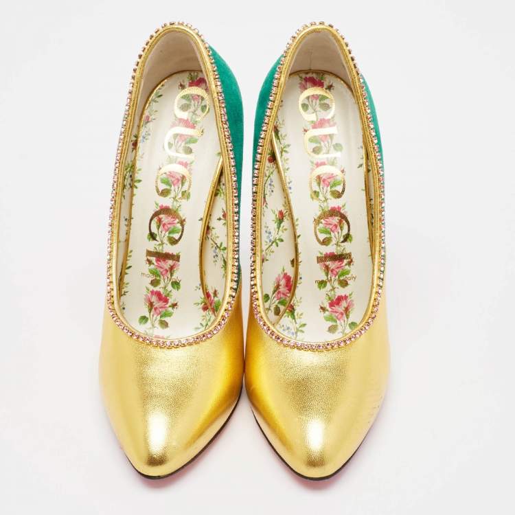 Pre Owned Gucci Gold/Green Suede and Leather Crystal Embellished Pumps Size 37