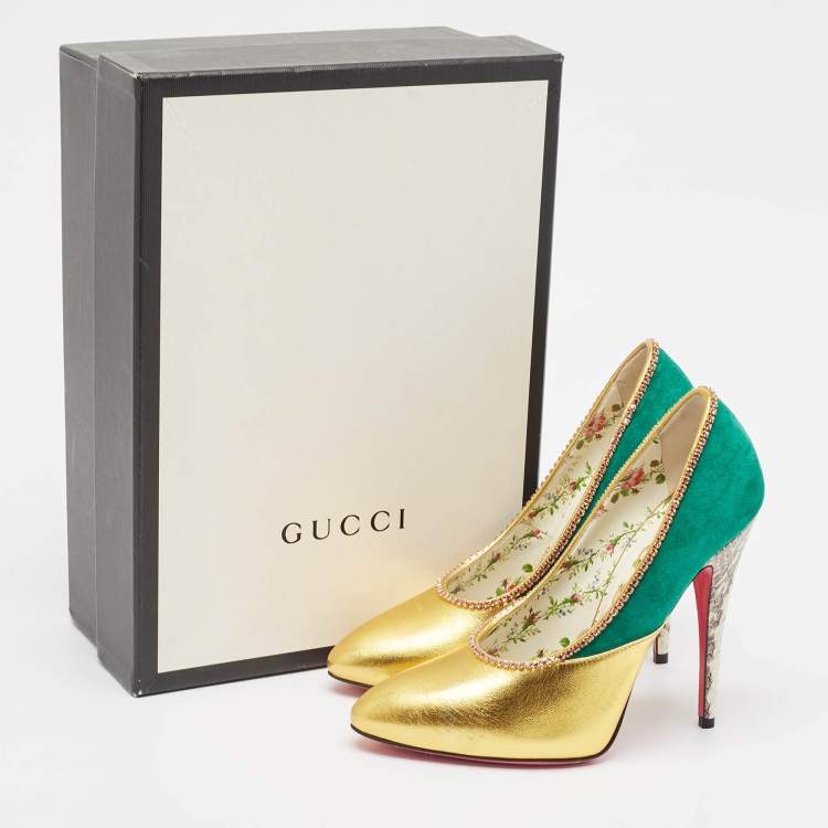 Pre Owned Gucci Gold/Green Suede and Leather Crystal Embellished Pumps Size 37