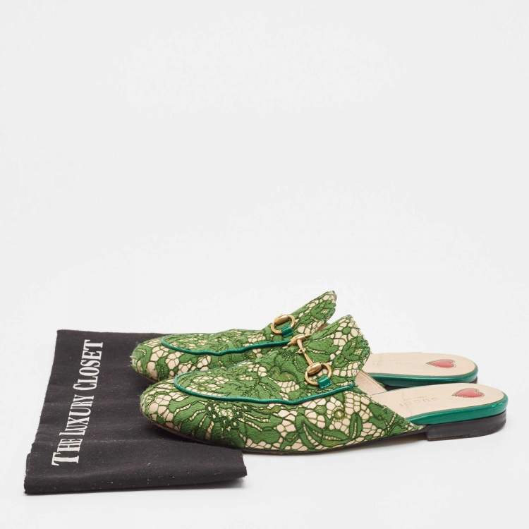 Pre Owned Gucci Green Leather and Mesh Princetown Mules Size 39.5