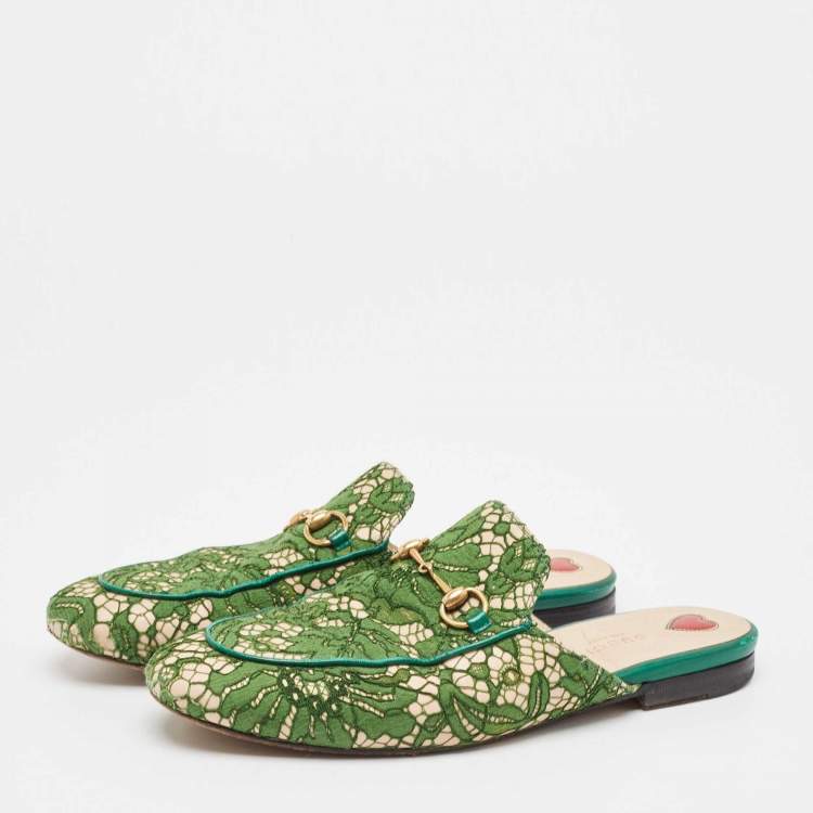 Pre Owned Gucci Green Leather and Mesh Princetown Mules Size 39.5