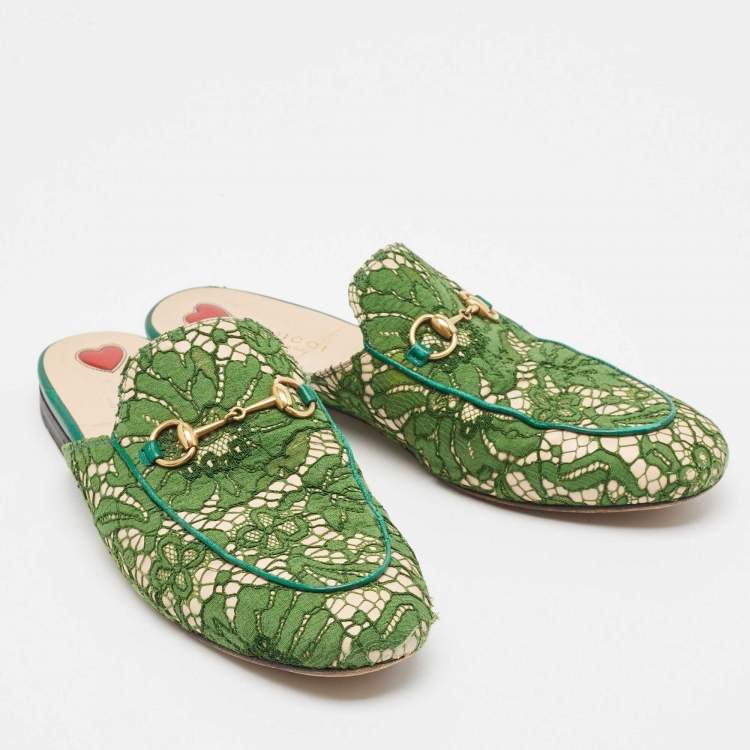 Pre Owned Gucci Green Leather and Mesh Princetown Mules Size 39.5