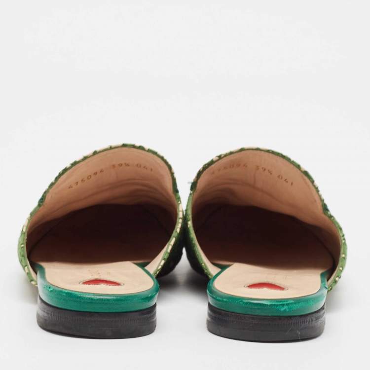 Pre Owned Gucci Green Leather and Mesh Princetown Mules Size 39.5