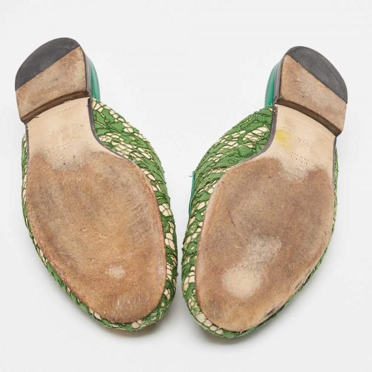 Pre Owned Gucci Green Leather and Mesh Princetown Mules Size 39.5