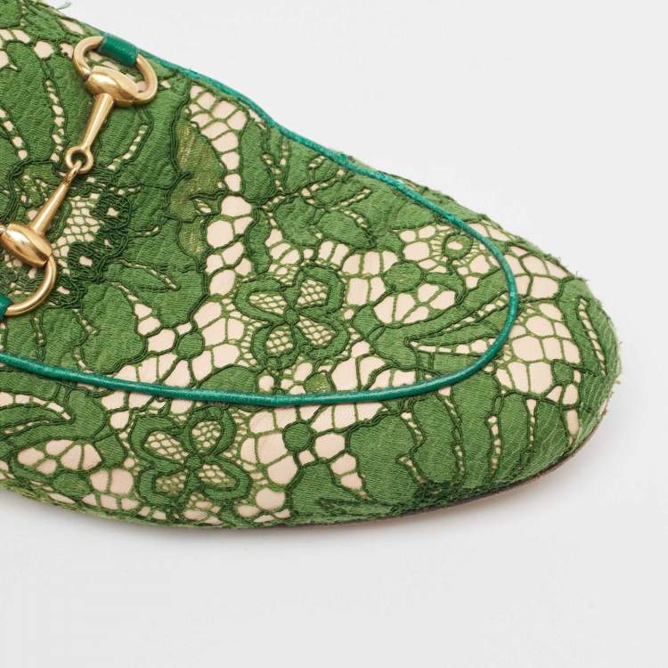Pre Owned Gucci Green Leather and Mesh Princetown Mules Size 39.5