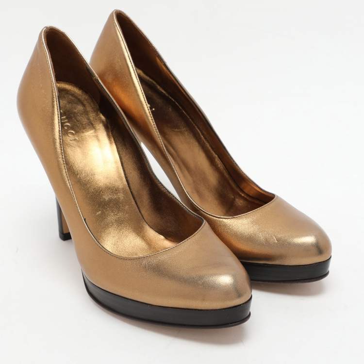 Pre Owned Gucci Gold Leather Pumps Size 37.5
