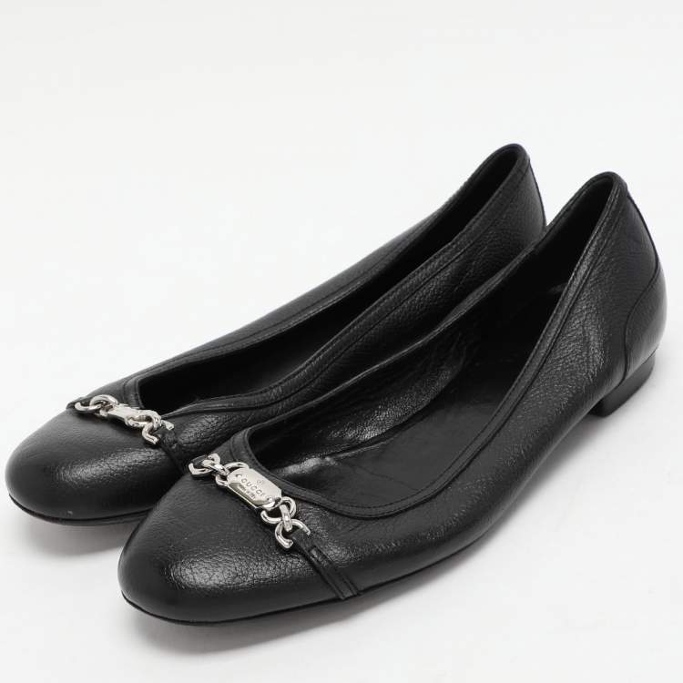 Pre Owned Gucci Black Leather Embellished Ballet Flats Size 36.5