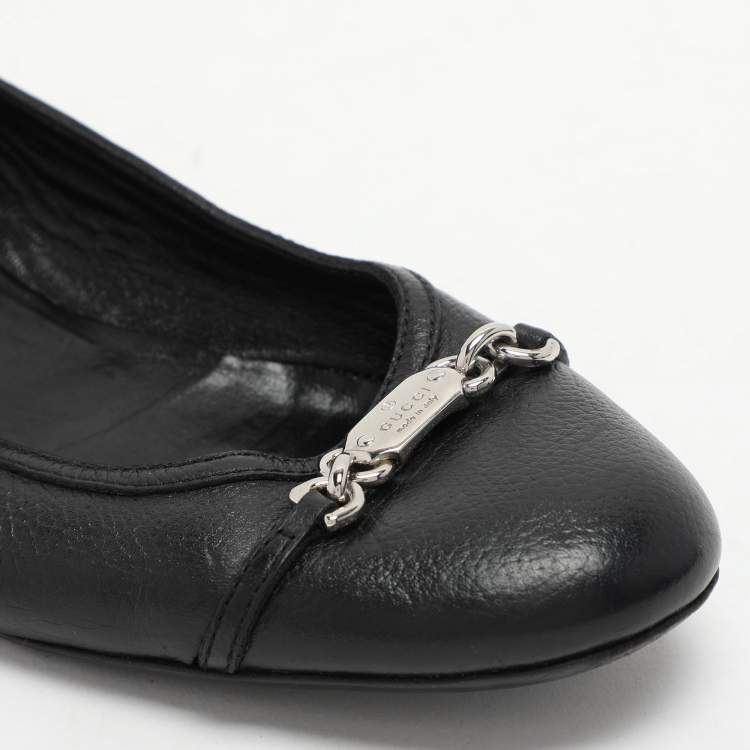Pre Owned Gucci Black Leather Embellished Ballet Flats Size 36.5