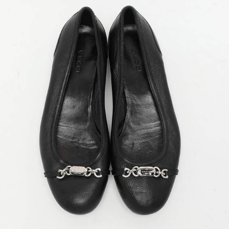 Pre Owned Gucci Black Leather Embellished Ballet Flats Size 36.5