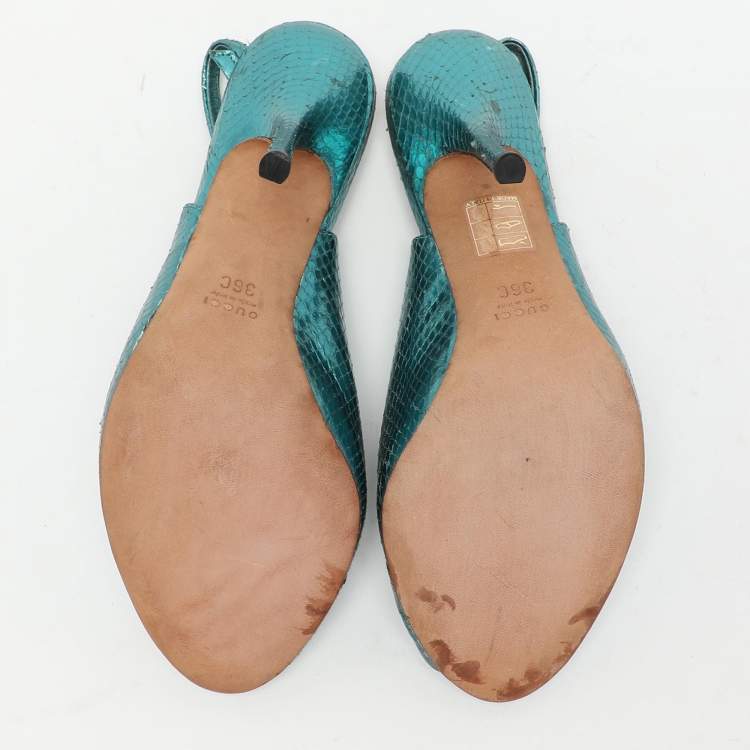 Pre Owned Gucci Blue Python Embossed Leather Sofia Slingback Sandals Size 36