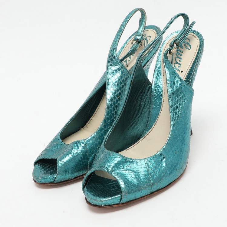 Pre Owned Gucci Blue Python Embossed Leather Sofia Slingback Sandals Size 36