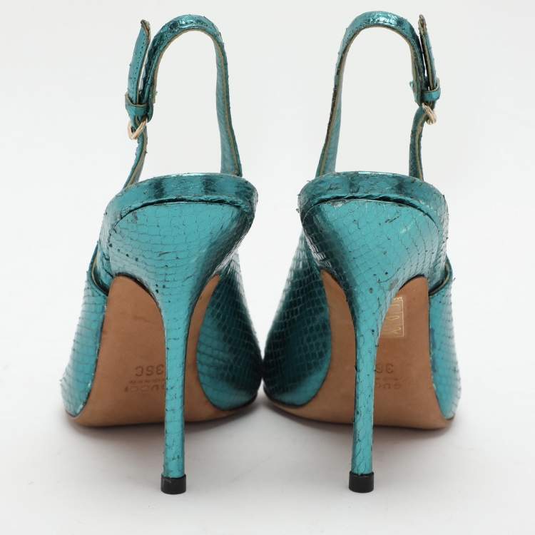 Pre Owned Gucci Blue Python Embossed Leather Sofia Slingback Sandals Size 36