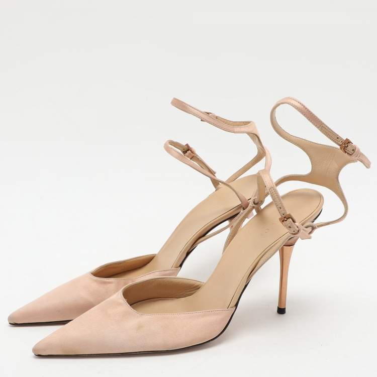 Pre Owned Gucci Beige Satin Pointed Toe Ankle Strap Sandals Size 37.5