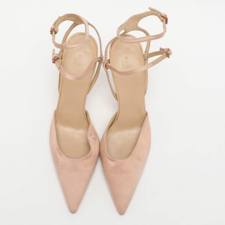 Pre Owned Gucci Beige Satin Pointed Toe Ankle Strap Sandals Size 37.5