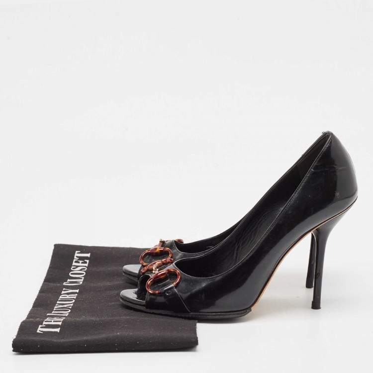 Pre Owned Gucci Black Patent Leather Horsebit Peep Toe Pumps Size 37