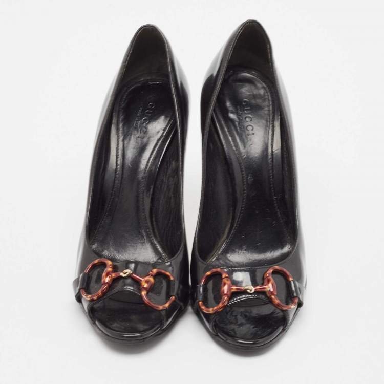 Pre Owned Gucci Black Patent Leather Horsebit Peep Toe Pumps Size 37