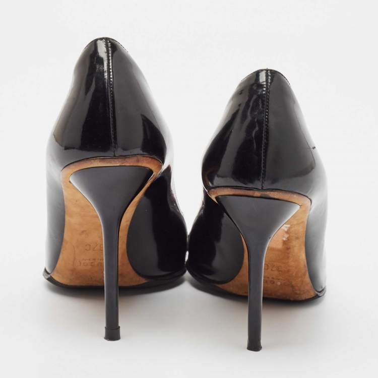 Pre Owned Gucci Black Patent Leather Horsebit Peep Toe Pumps Size 37