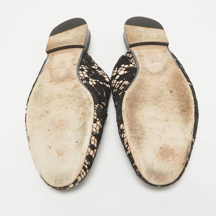 Pre Owned Gucci Black/Beige Lace and Leather Princetown Flat Mules Size 39.5