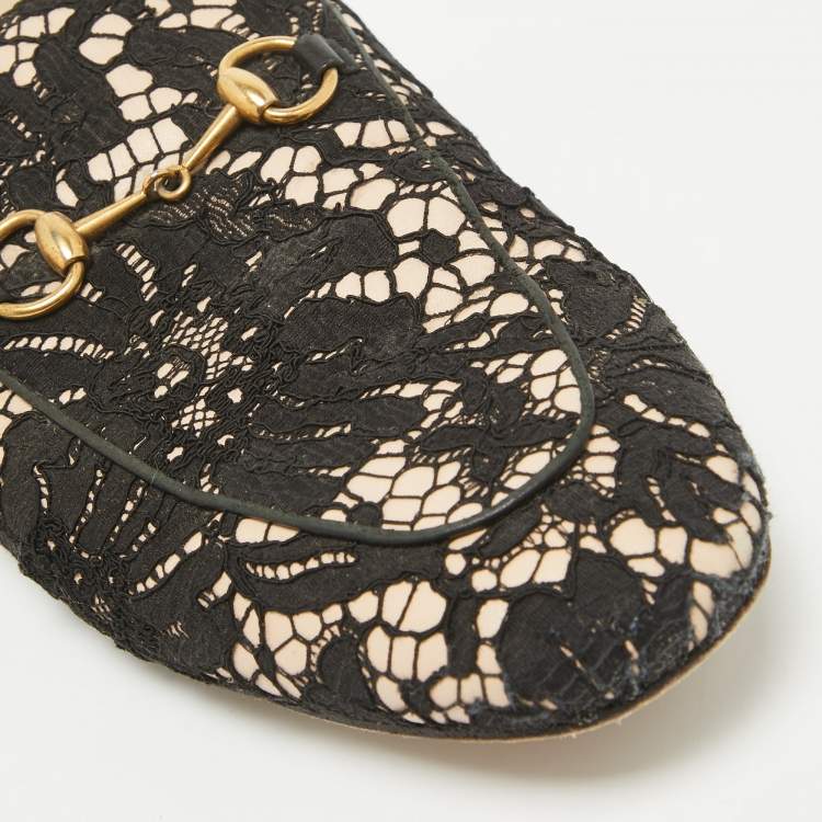 Pre Owned Gucci Black/Beige Lace and Leather Princetown Flat Mules Size 39.5