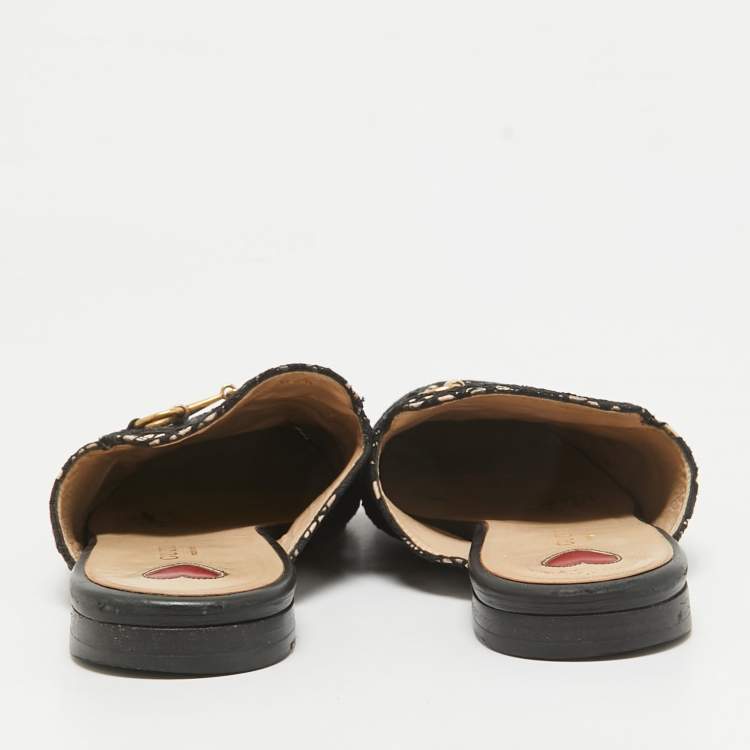Pre Owned Gucci Black/Beige Lace and Leather Princetown Flat Mules Size 39.5