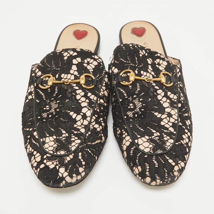 Pre Owned Gucci Black/Beige Lace and Leather Princetown Flat Mules Size 39.5
