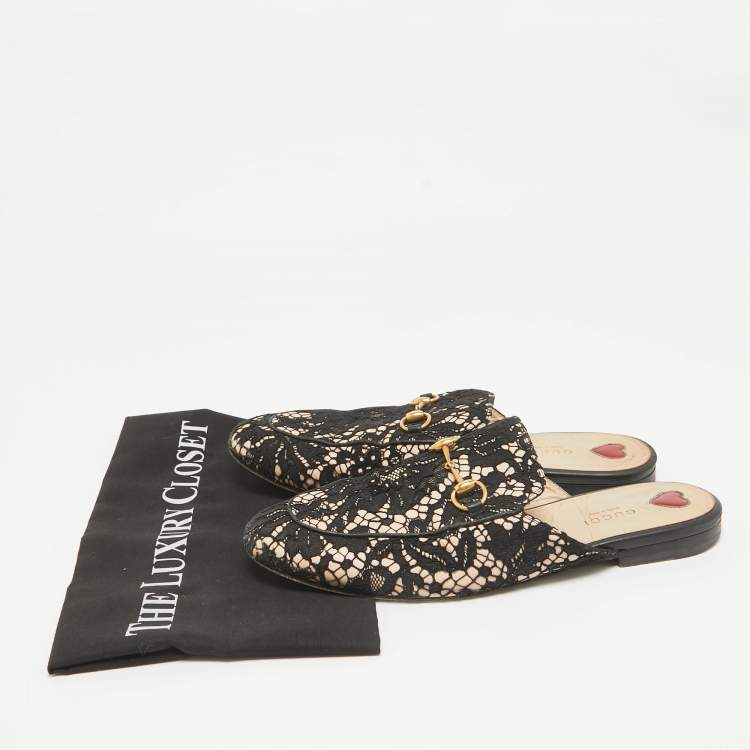 Pre Owned Gucci Black/Beige Lace and Leather Princetown Flat Mules Size 39.5