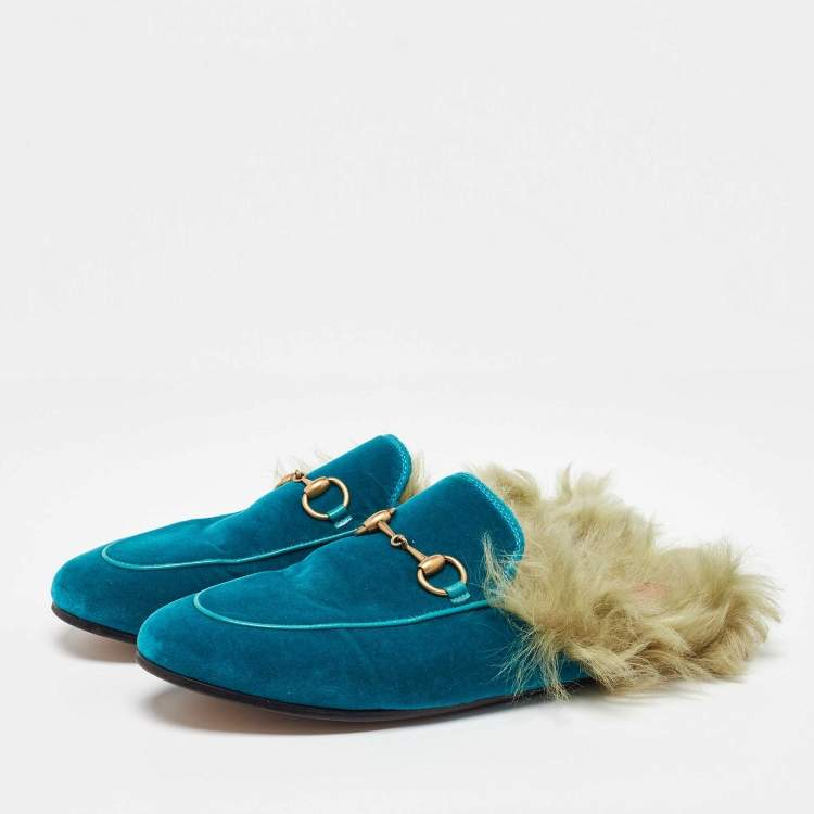 Pre Owned Gucci Blue Velvet and Fur Lined Princetown Flat Mules Size 36
