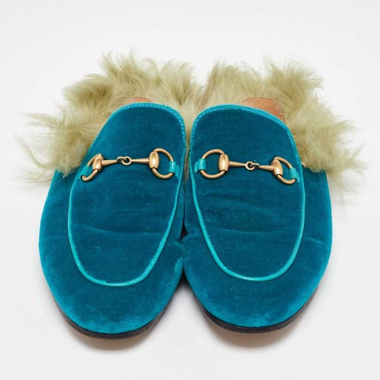 Pre Owned Gucci Blue Velvet and Fur Lined Princetown Flat Mules Size 36