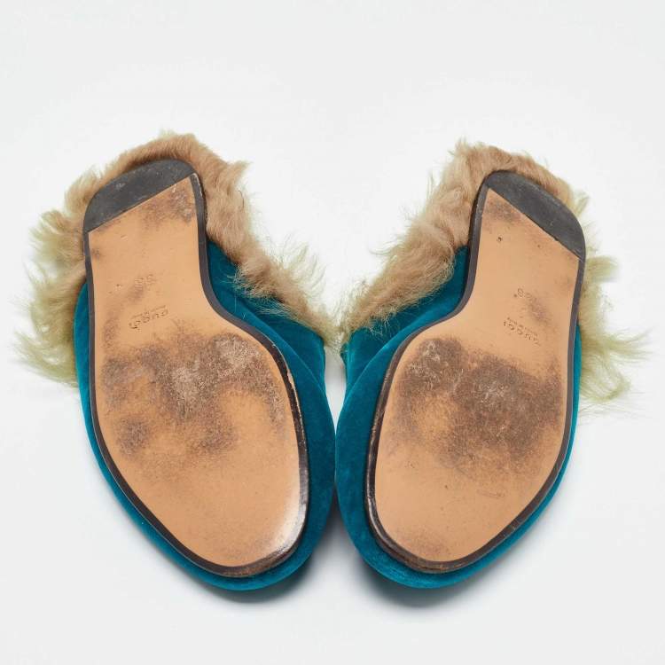 Pre Owned Gucci Blue Velvet and Fur Lined Princetown Flat Mules Size 36