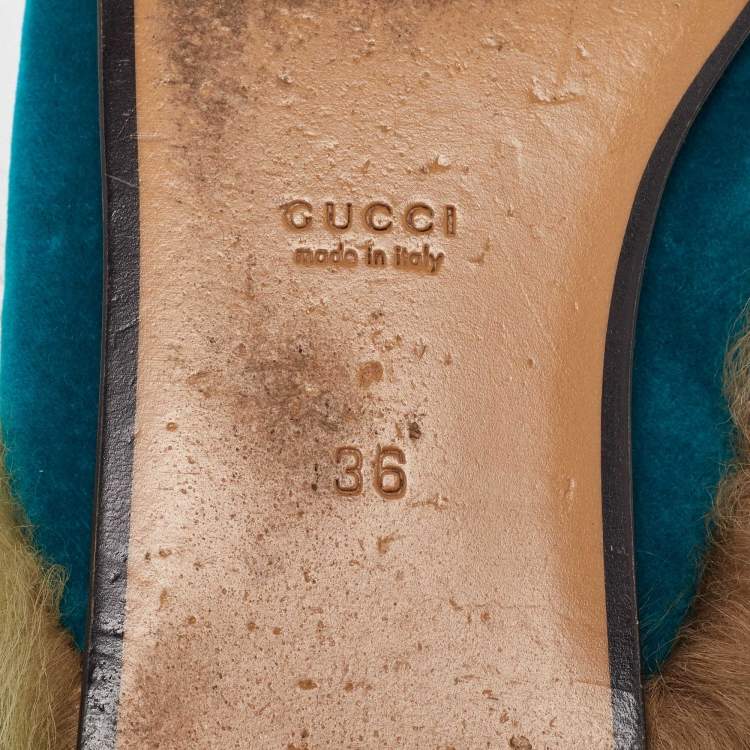 Pre Owned Gucci Blue Velvet and Fur Lined Princetown Flat Mules Size 36