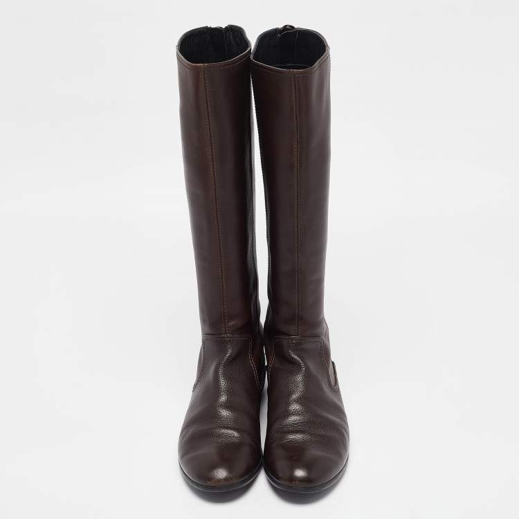 Pre Owned Gucci Brown Leather Knee Length Boots Size 38