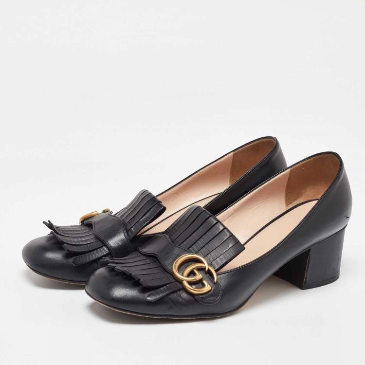 Pre Owned Gucci Black Leather Marmont GG Fringe Detail Block Heel Pumps Size 41