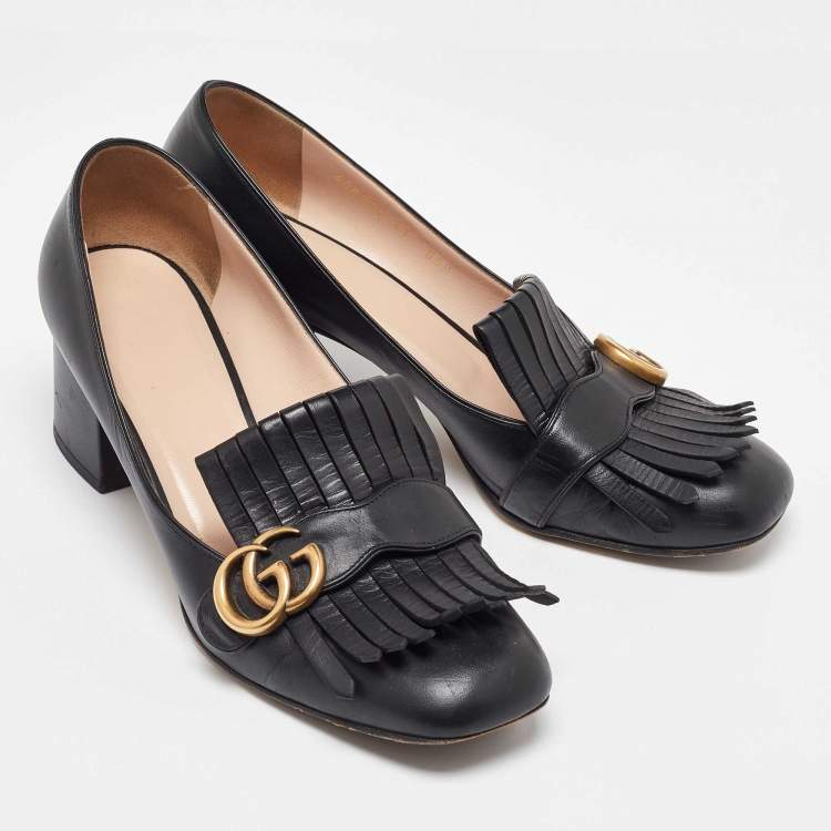 Pre Owned Gucci Black Leather Marmont GG Fringe Detail Block Heel Pumps Size 41