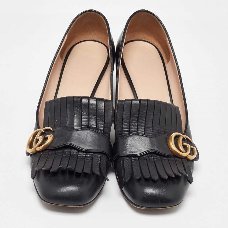 Pre Owned Gucci Black Leather Marmont GG Fringe Detail Block Heel Pumps Size 41