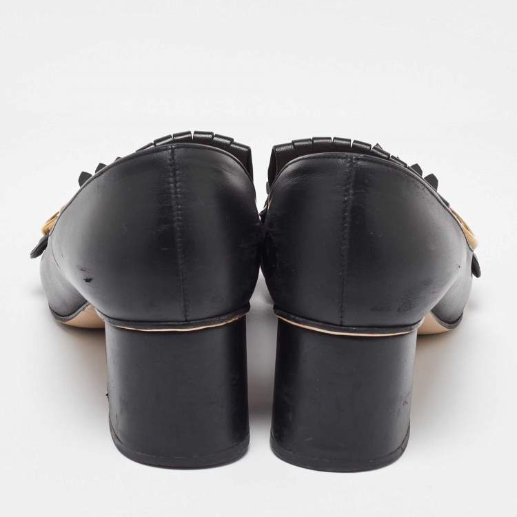 Pre Owned Gucci Black Leather Marmont GG Fringe Detail Block Heel Pumps Size 41