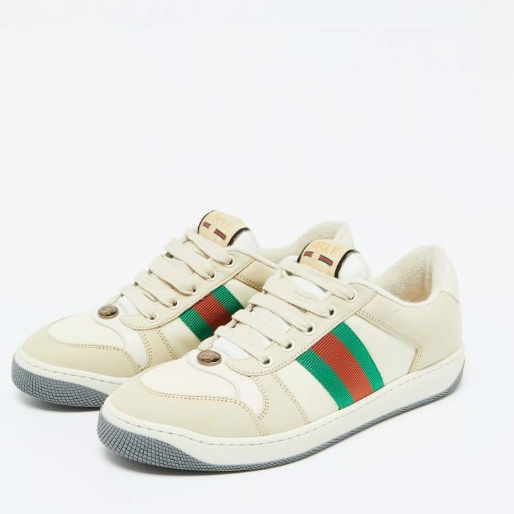 Pre Owned Gucci Beige Leather and Fabric Screener Low Top Sneakers Size 39